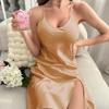 Damen Sommer Loungewear Bequeme Eisseide Nachtwäsche Sexy Schlitz Rückenfrei Homewear Kurzes Cami Nachthemd