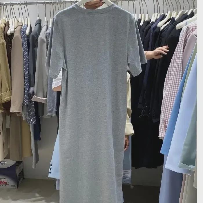 Women's Mid-Length Short Sleeve T-Shirt Dress, 2022 Korean Chic, Loose Casual Solid Color Style.