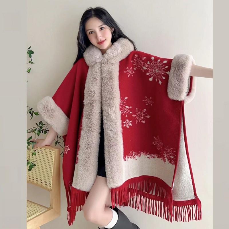 Womens Oversized Plaid Knit Cape Shawl With Fleece Lining Fur Trim Hooded Wrap Coat Winter