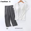 Women's Pajamas Two Piece Short Sleeve Wide Leg Pants Large Size Homewear Set