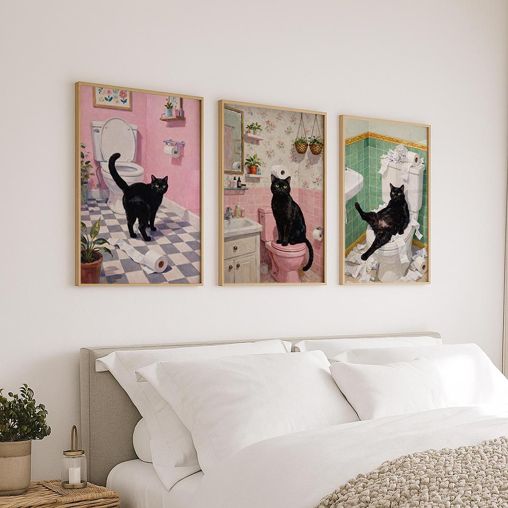 3 pièces sans cadre, Chat noir drôle Art mural de salle de bain Scène de toilettes vintage Affiche sur toile Animal de compagnie mignon Décoration intérieure humoristique Impression