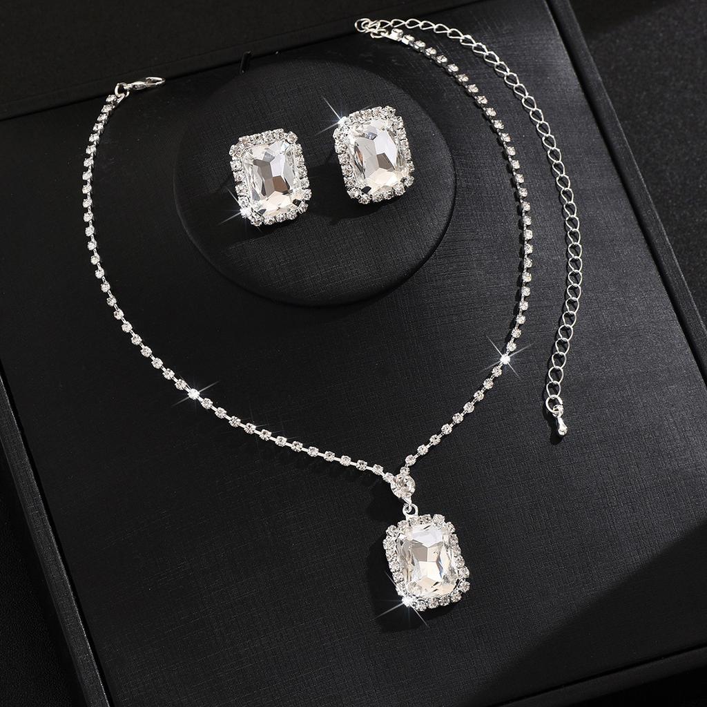 Square Water Drop Jewelry Two-Piece Necklace Earrings Square Pendant