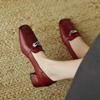 Casual square heel small leather shoes new fashion single shoes women's headgear and feet one pedal beef tendon sole large size medium heel fashion