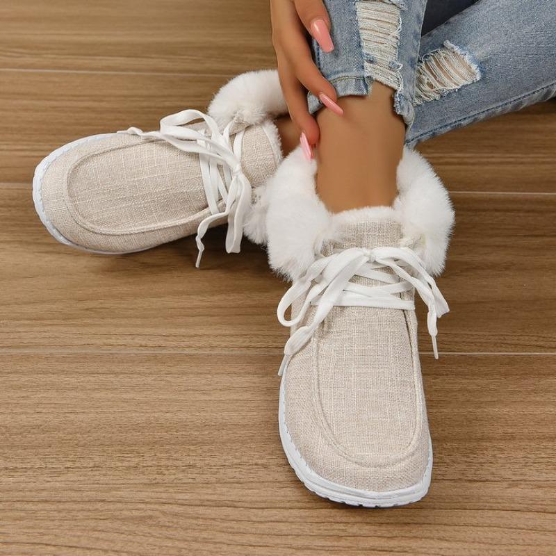 Low-top Lace-up Cotton Shoes Women's Autumn and Winter Round Head Plush Mouth Flat-bottomed Snow Boots Wish Source