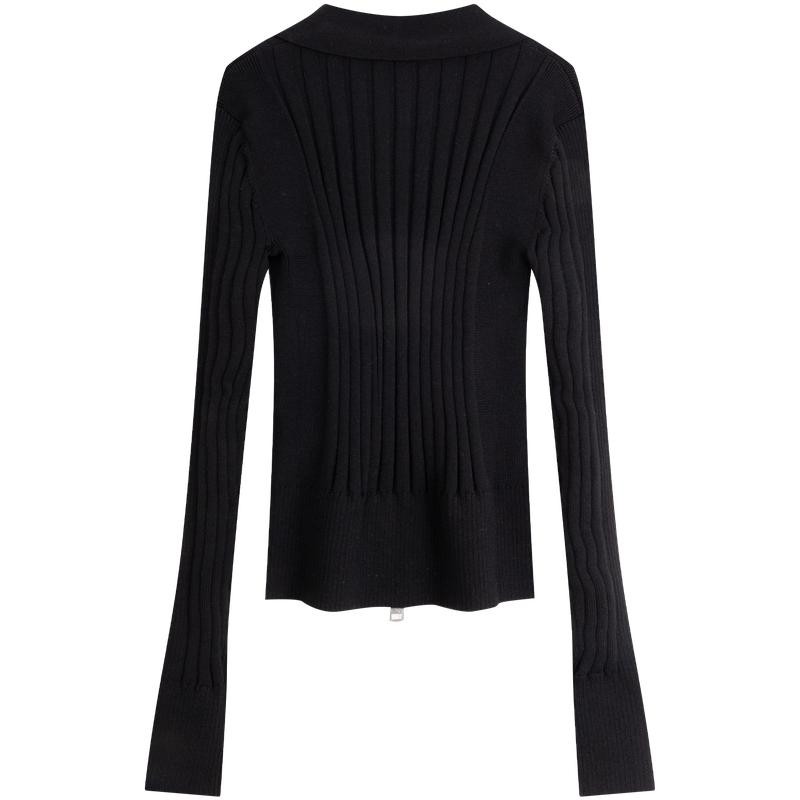 Calvin Klein Solid Color Polo Neck Casual Double Zipper Knit Sweater Women sweater Space-Black J223331