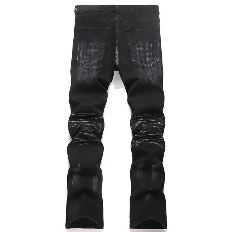 BeatStreet Diamantstjerne Lappeteppe Jeans Menn Mote Svarte Rette Smale Denimbukser Rhinestone Spleising Jeansbukser for Menn