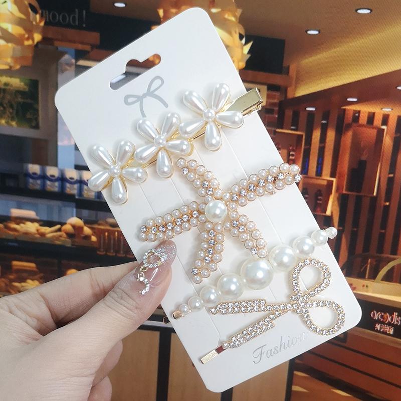 Korea Shiny Crystal Hair Clip Set Fashion Hair Accessories  Trend For Women Girl Pearl Rhinestone Hairpin Side Clip For Hair
