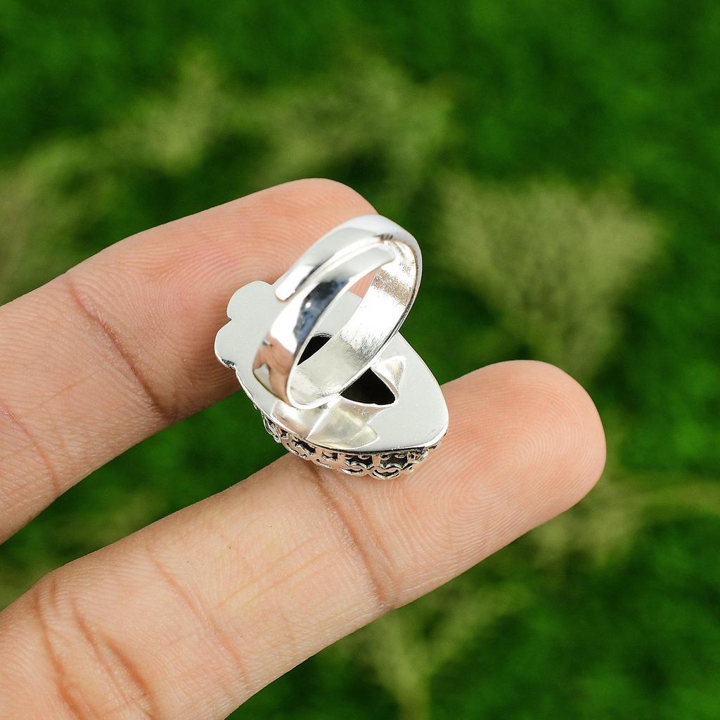 Natural Abalone Shell Gemstone Statement Adjustable Ring 925 Silver For Women