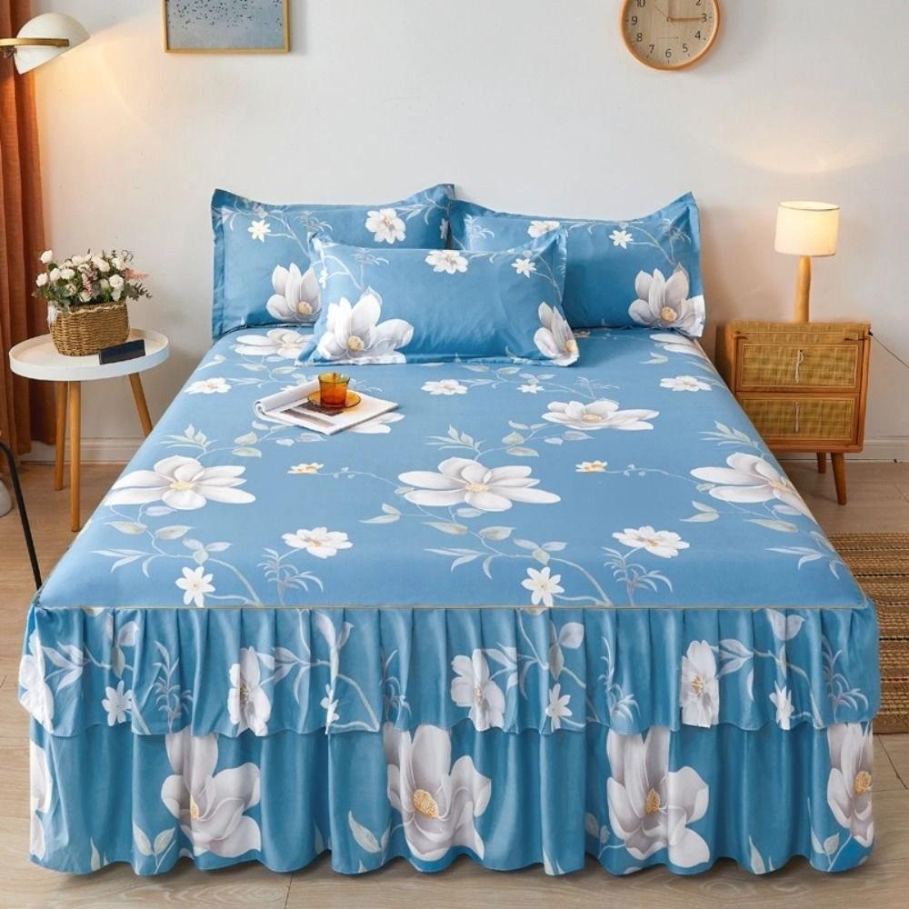 Floral Printed Double Lace Bed Skirt Three-piece Set Bedsheet Pillowcase  for Kids Adults Bedroom