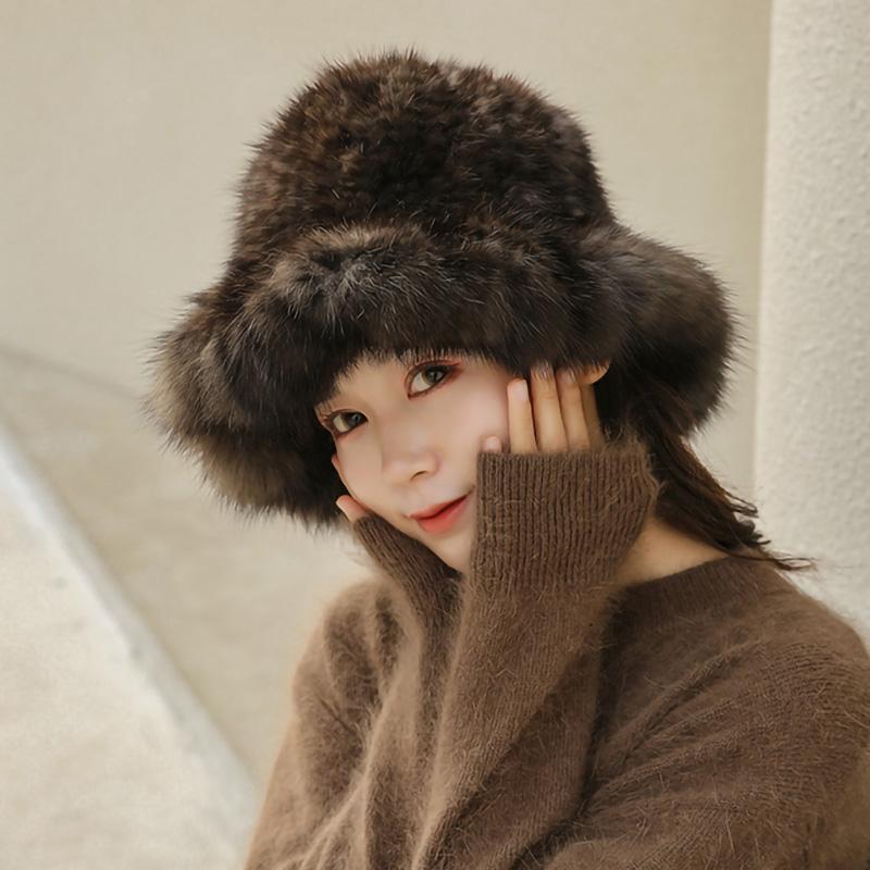 Cappelli a Secchiello in Pelliccia di Vison alla Moda Berretto da Pescatore Cappelli Invernali in Pelliccia Peluche per Donna