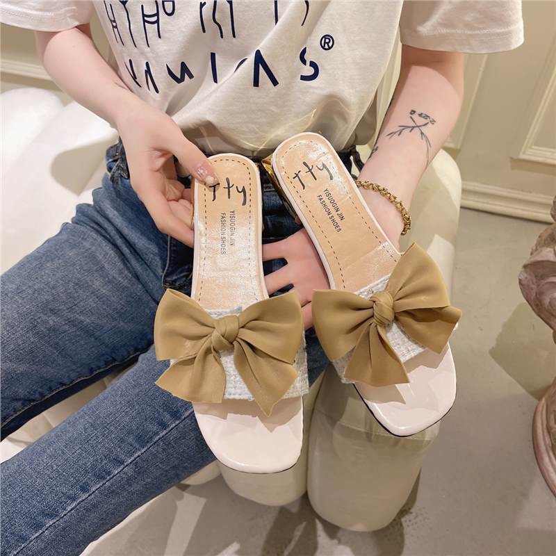 High heels women's summer 2024 new square head temperament bow low heel one-word drag small fragrant style outer slippers