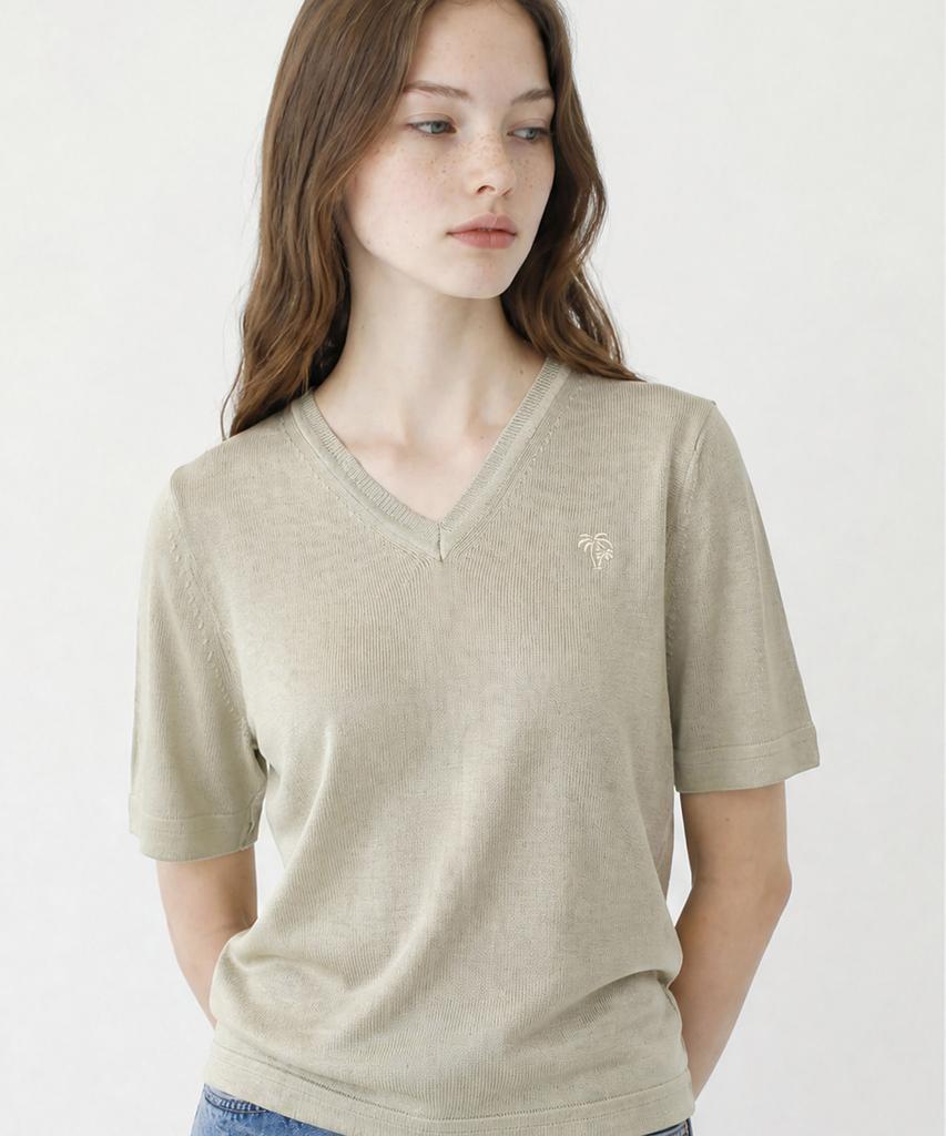 Seuneogeuyu Ether Palm Silk V-Neck Short Sleeve Knit Pullover_Beige_S M