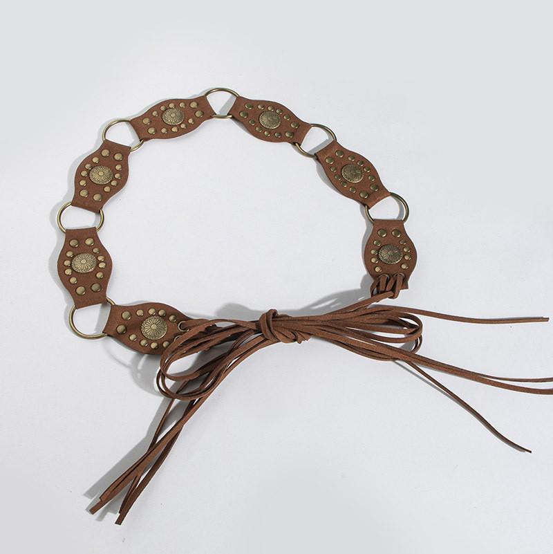 Bohemian Faux Suede Waistband With Rivet Detailing And Knot Closure For Vintage Festival Looks
