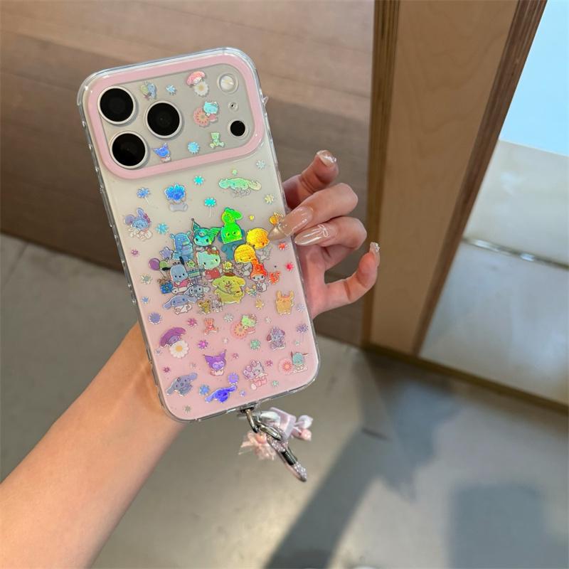 Matching Hello Kitty Charm Wrist Strap Print Phone Case For iPhone 15 16 17 Pro Max INS Cute Sweet Style Large Window Shockproof