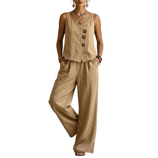 Yousheng Sleeveless 2 Piece Sets for Women, Buttons Crew Neck Tank Top And Wide Legs Pants Matching Sets, Summer Loose Lounge Outfits