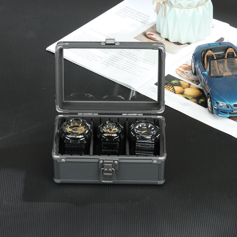Smoky Grey Aluminum Alloy Multifunction Watch and Jewelry Display Box with Transparent Lid