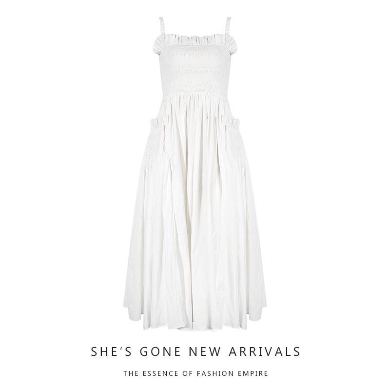French Retro White Spaghetti Strap Backless Ruffled Slimming Maxi Dress