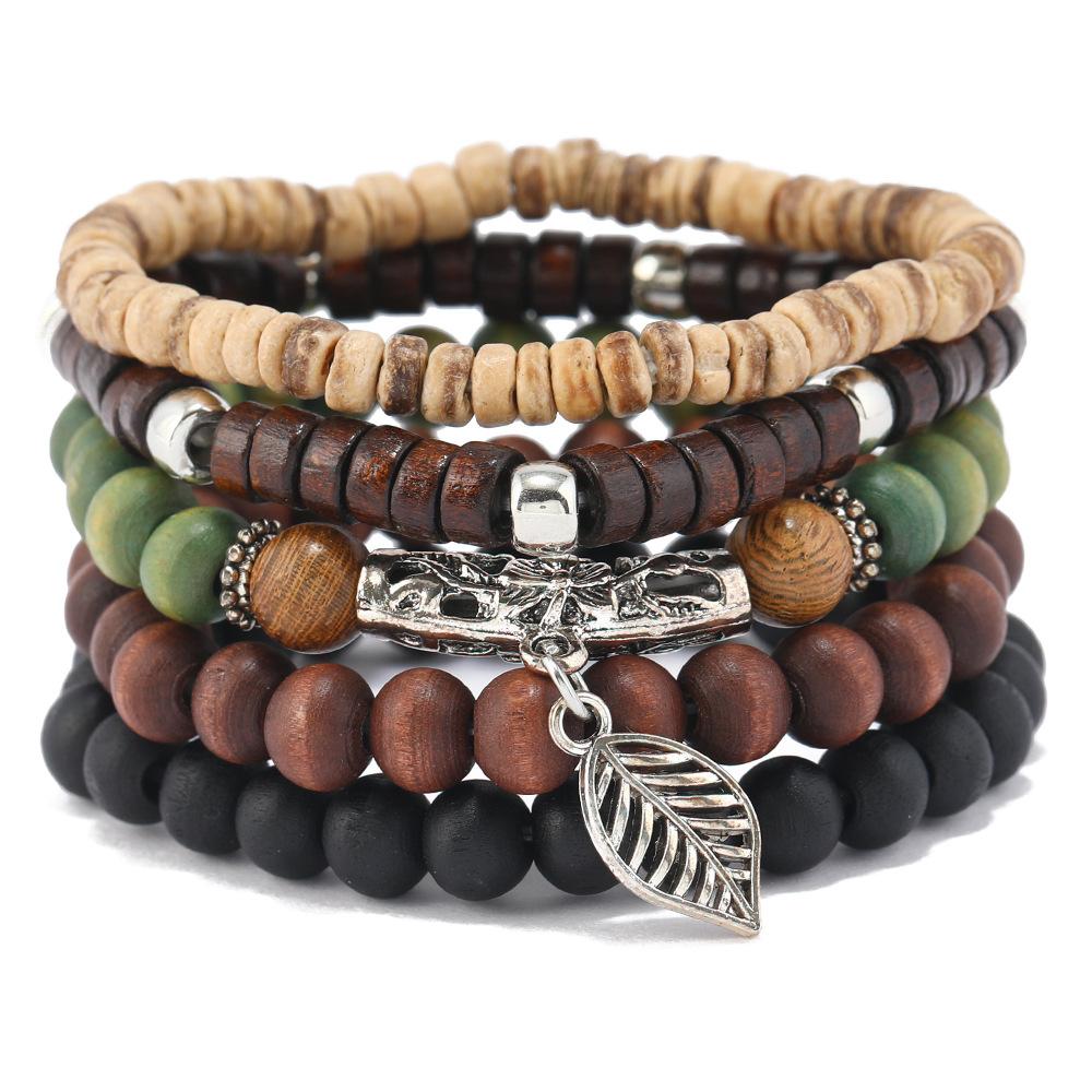 5-Piece Personalized Fashion Beaded Wood Bead Leaf Bracelet