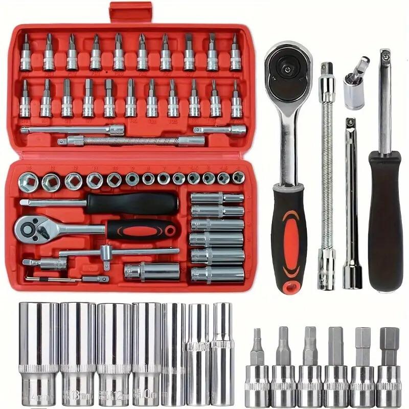 1/4 Inch Drive Socket and Ratchet Set, 6-Point Socket Opening, 53Pieces Tool Set SAE and Metric, Deep and Standard Sockets-001