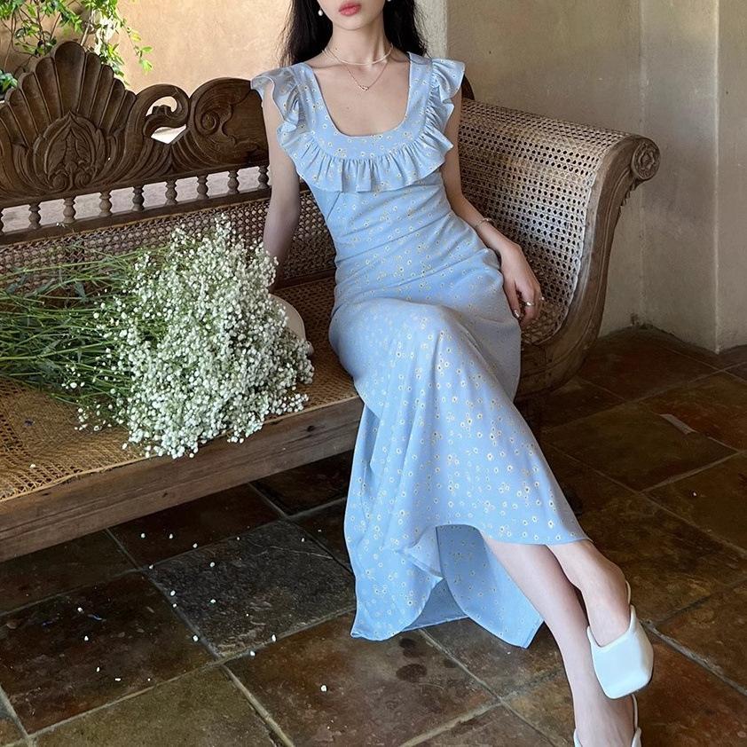 French retro floral dress medium and long temperament holiday square neck ruffle edge skirt children's summer new long dress