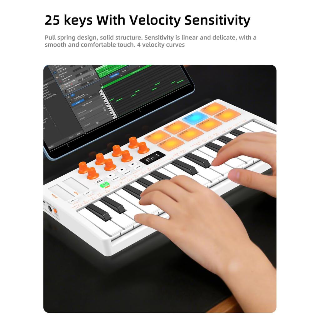 Btuty MIDI Keyboard with 2000mAh 8x4 RGB Multifunctional Mini Welocity Power 8 for Home Performance 25-Key High-Capacity Built-in Battery, Pads,