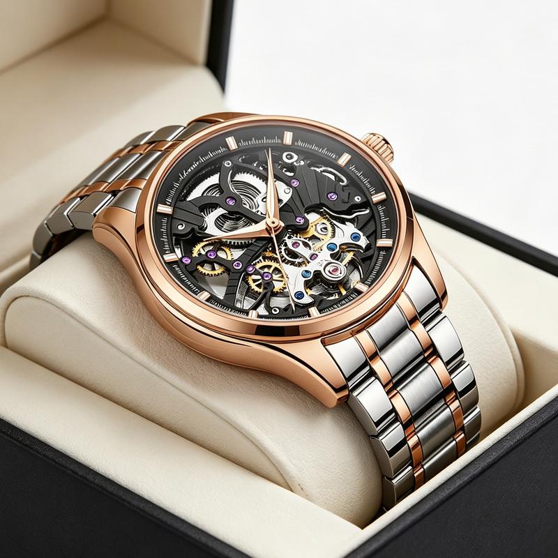 Skeleton Design Watches Rose Gold Case Male Automatic Mechanical Watch Stainless Steel Band Watch Relogio