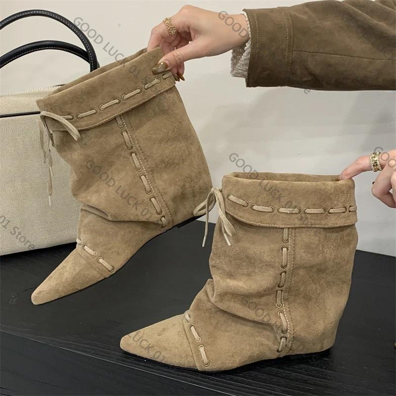 Fashion 2025 Design Punk Style Insoles Height Wedges Heels Women Knee-High Boots Autumn Winter Vintage Pointed Toe Lace-up Shoes