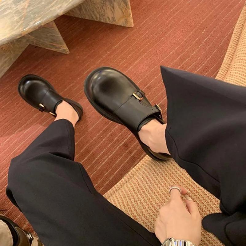 Women'S Leather Flat Shoes Retro Double Button Loafers Women'S Genuine Leather Round Toe Big Toe Women'S Shoes