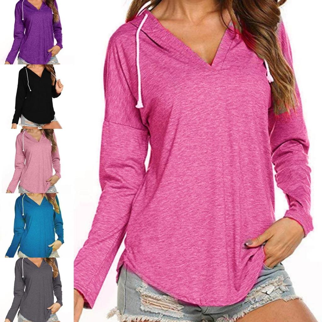 Damski Sweter T-shirt z dekoltem V i długim rękawem Oddychający Casualowy T-shirt z kapturem Sportowy Pulower