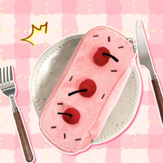 Cherry Cake Plush Pencil Pouch Large Capacity Stationery Case Cute Pen Holder for School Supplies Makeup Brushes