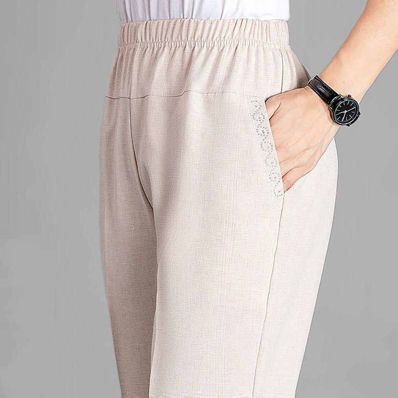 Fashiona Korean Commuting Cotton Hemp High Waist Casual Pants Women's Solid Diamond Pocket Breathable Loose Straight Trousers