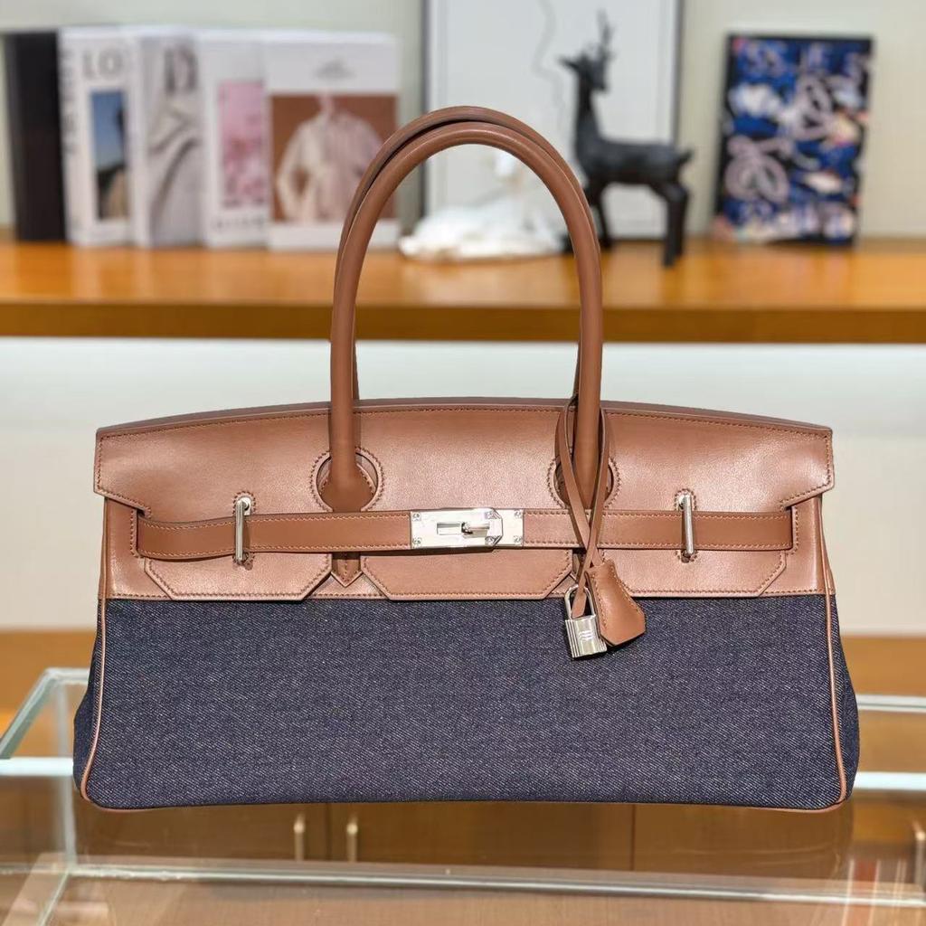 Cross-Border New Style 42cm Long Handheld Genuine Leather Metal Bag Stitched Cowhide Bag Large Capacity Underarm Bag Single Leather Bag