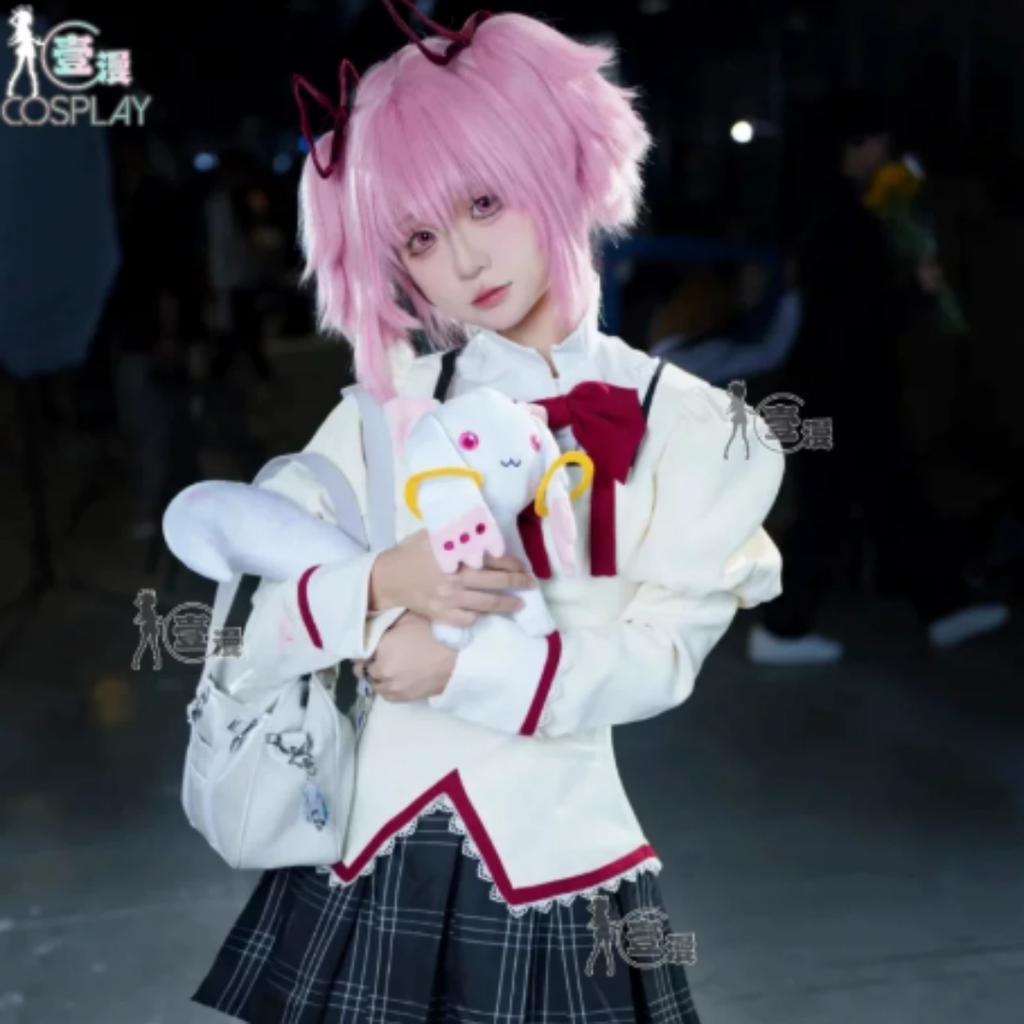 Puella Magi Madoka Magica School Uniform Cosplay Costume Full Set with Wig for Halloween Party