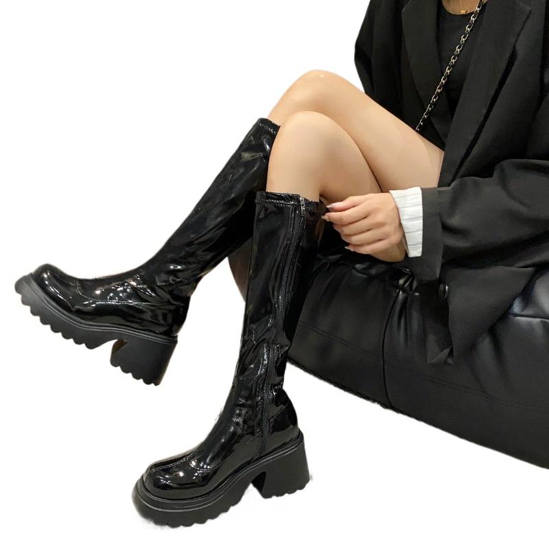 Cizme de damă de primăvară și toamnă de înaltă calitate Cizme înalte de damă, cu vârf rotund, de culoare solidă, cu toc mediu, mâneci lucioase