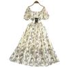 French Style Retro Butterfly Print Square Collar Puff Sleeve Dress Women Summer Lace-up Waist Hugging Slimming Big Hemline Long Dress