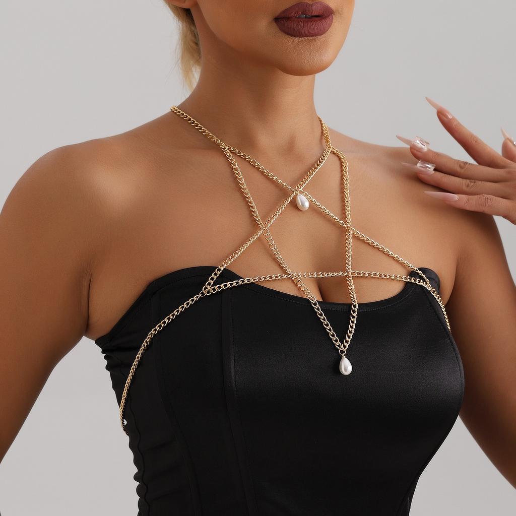 European and American Jewelry Fashion Metal Pentagram Imitation Pearl Pendant Chest Chain Sexy Hottie Bikini Body Chain