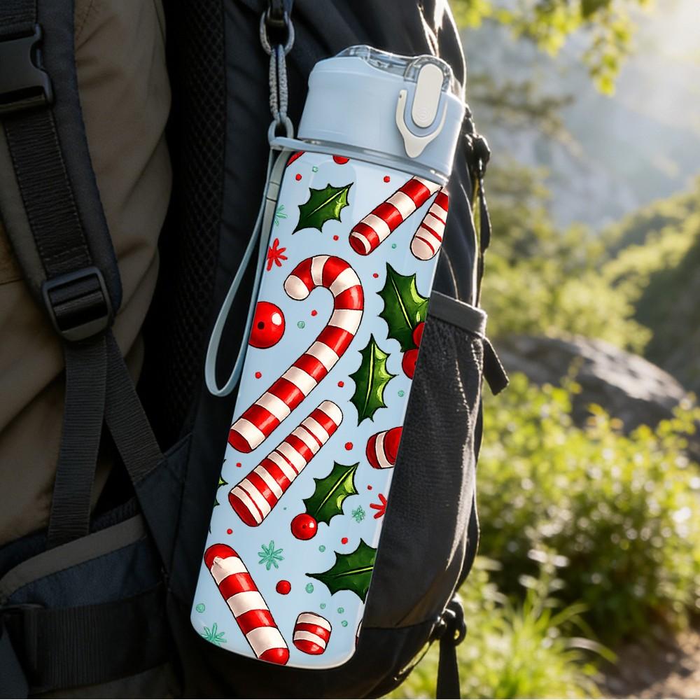 1PC Red Berry Leaf Christmas Seamless Print 750ml Color Plastic Sports Water Bottle Leakproof Flip Straw Lid Suitable for Sports Office Home Use