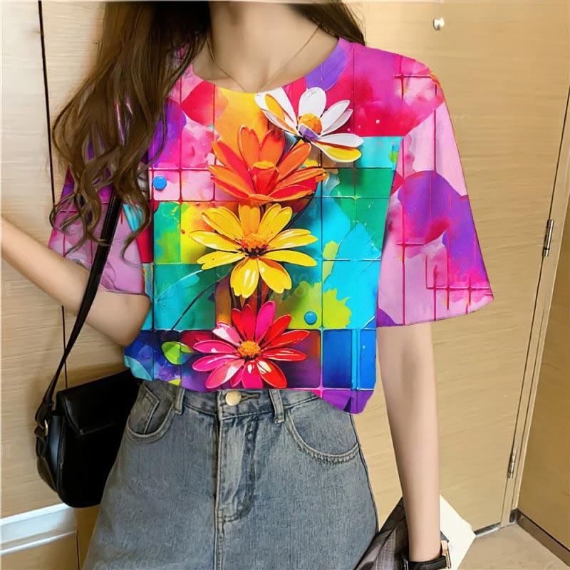 Summer Round Neck 3D Colorful Flowers Pattern Print Top Fashionable Casual Short Sleeved Women's T-shirts