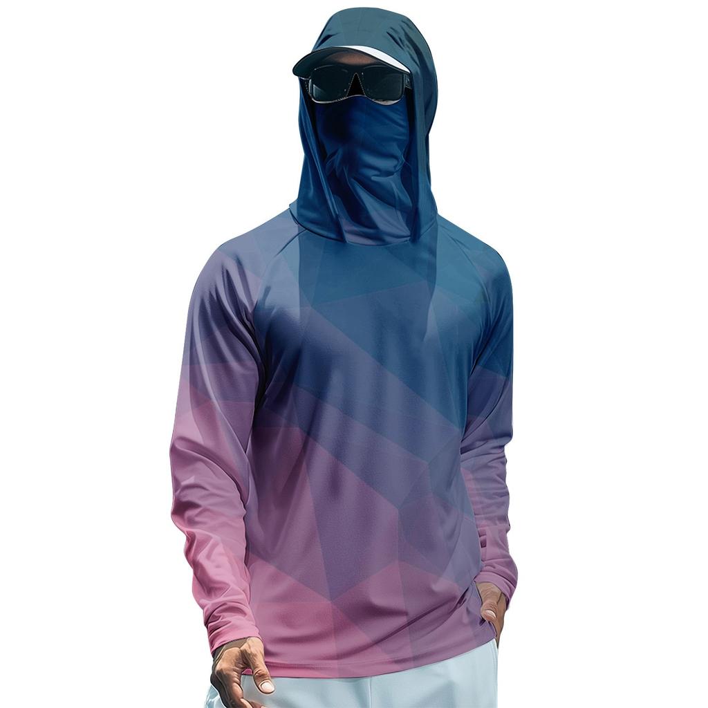 Men's Summer Gradient Color Geometry Quick-drying Long-sleeved T-shirt Sun Clothing Fishing Fitness Sports Hooded Long-sleeved Top