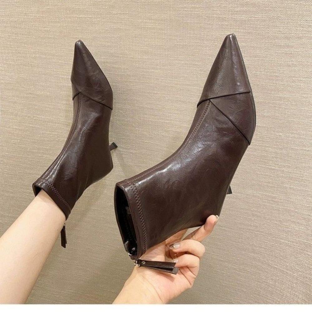 Pointed Toe Ankle Boots Women Fashion Side Zippers Short Boots Female Slim Thin High Heel Winter Women's Short Plush Footwear