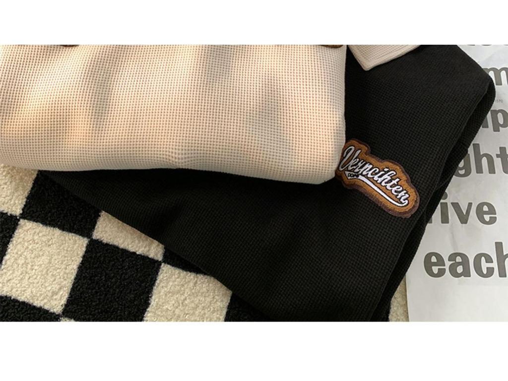 Męska bluza polo waflowa: Modny Haftowany Kołnierz, Styl Retro Amerykański, Ciężka Kurtka z Długim Rękawem na Wiosnę i Jesień