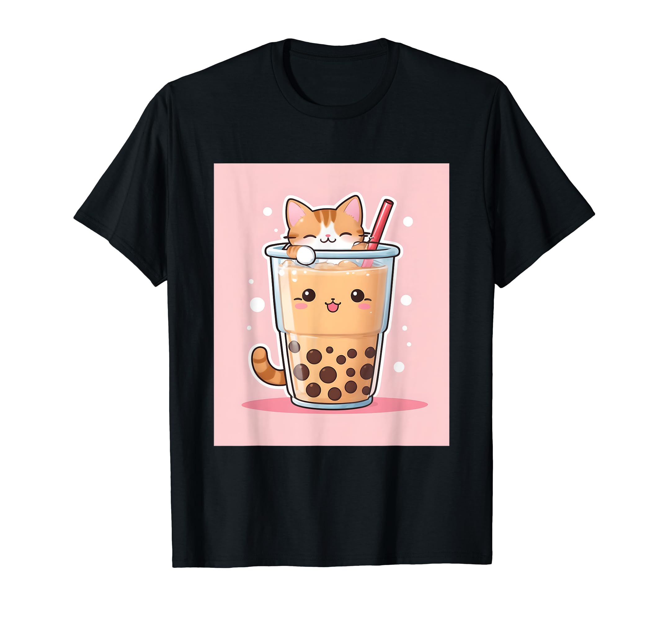 

bubble things printed Kawaii, cat, boba, tea, cute, Japanese, T-shirt чорний