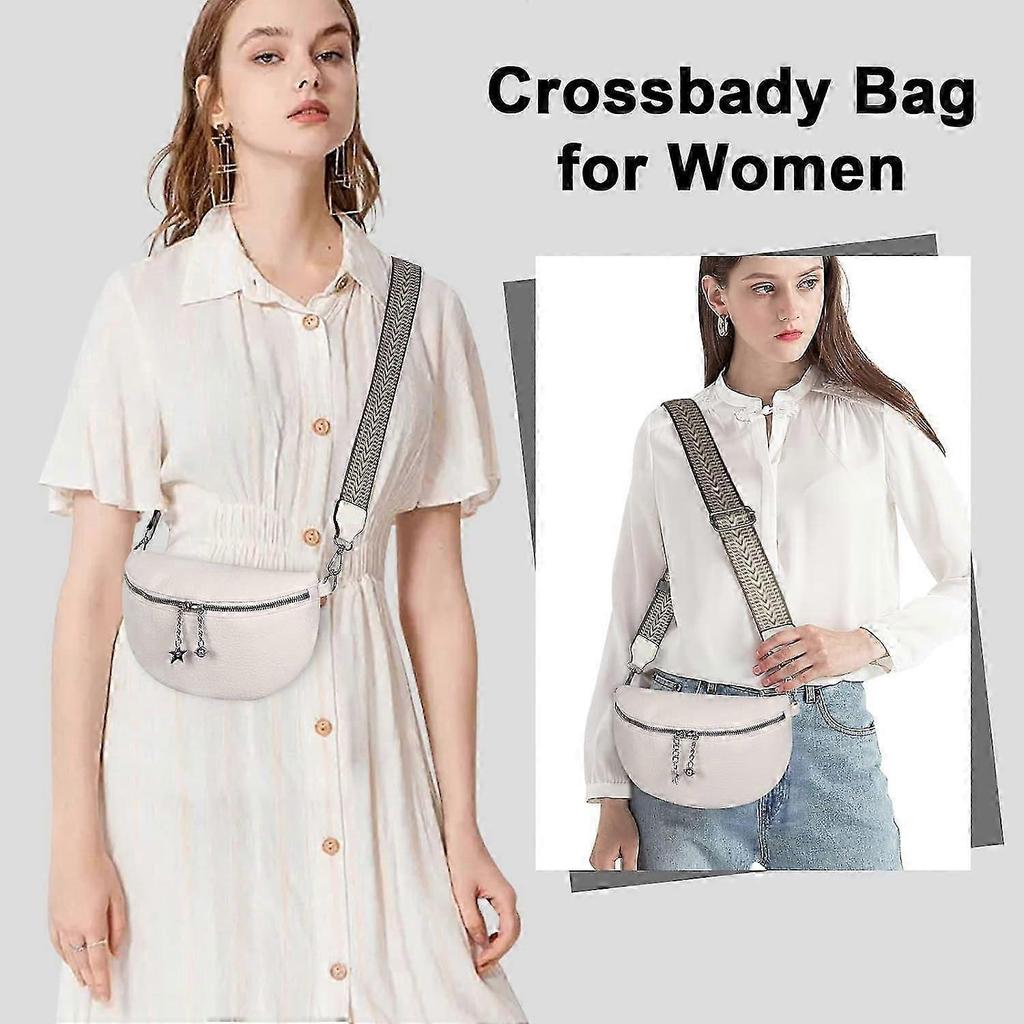 Fanny Packs for Women, Wide Strap Crossbody Bags, Leather Sling Belt Bag for Women, Trendy Waist Bags Waterproof for Party, Travel, Gift, White