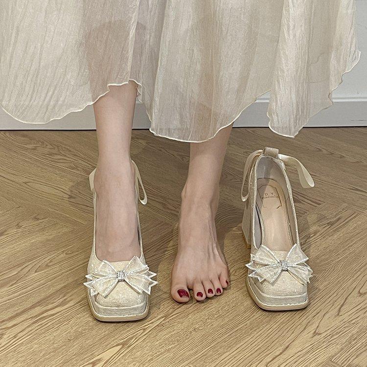 

French white sparkling bow platform Mary Jane high heels thick heel 2025 new fairy style pearl single shoes 35