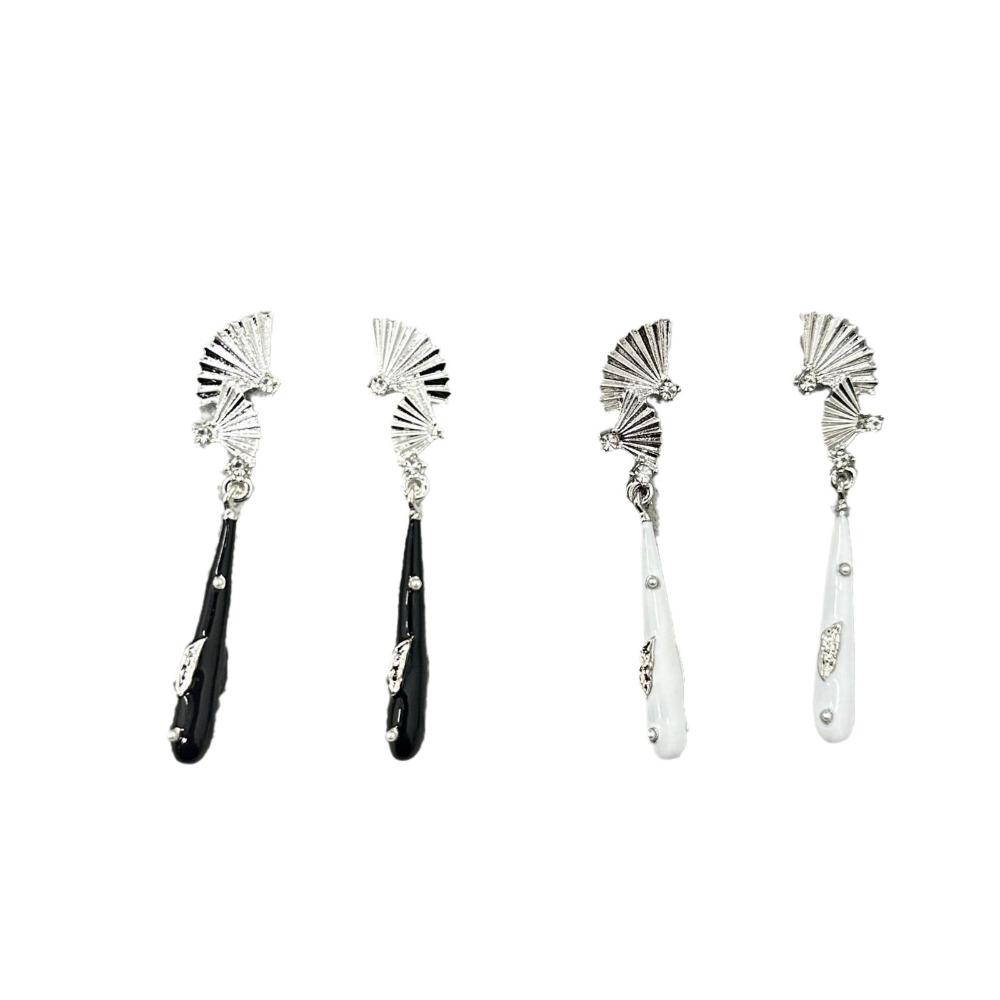 Retro Chinese Style Inlay Zircon Sliver Color Fan Black Water Droplet Long Tassel Dangle Earrings for Women Temperament Jewelry