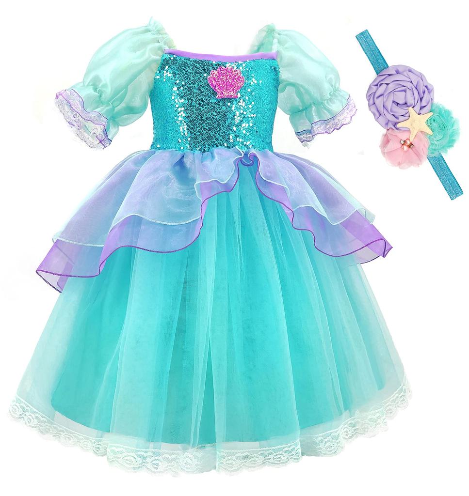 [TYHTYM] Ariel Dress, Kids' Princess Dress (Little Mermaid-style Dress + Headband), 2-Piece Set, Light Blue Dress, Ariel Kids Costume, Event Costume,