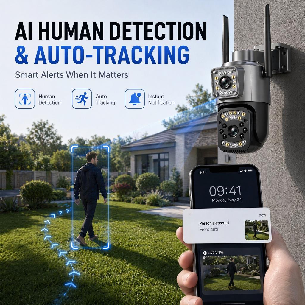 Kamera zewnętrzna V380 PRO z podwójnym obiektywem, podwójnym ekranem, HD 8MP 4K, kamera WIFI z mobilnym śledzeniem, kolorowe widzenie nocne, dwukierunkowy domofon, kamera bezpieczeństwa
