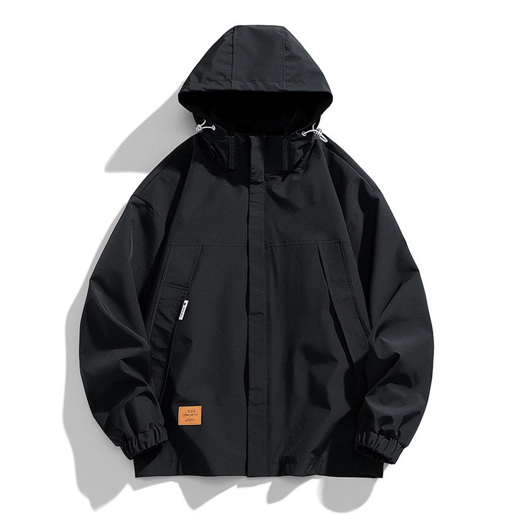 Men's Large Size Trend Casual Top Youth Hooded Everything Loose Jacket Elastic Drawstring Solid Color Windproof Jacket