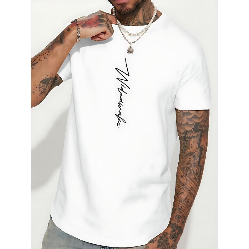 T-shirt a maniche corte con stampa e scollo rotondo, taglia europea | Maglietta casual, comoda per l'estate da uomo, tessuto leggermente elasticizzato, design stampato