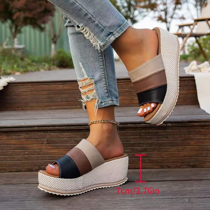 

Large size spring and summer new slope heel cool slippers muffin thick bottom round head casual color matching one-word slippers 43 бежевый